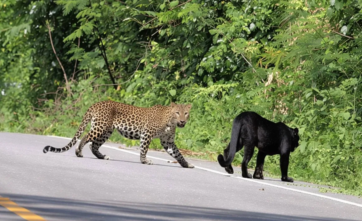 A spotted and black leopard filmed together in Thailand's Kaeng Krachan National Park
