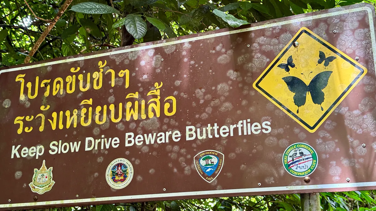 Road sign in Kaeng Krachan National Park reading Keep Slow Drive Beware Butterflies